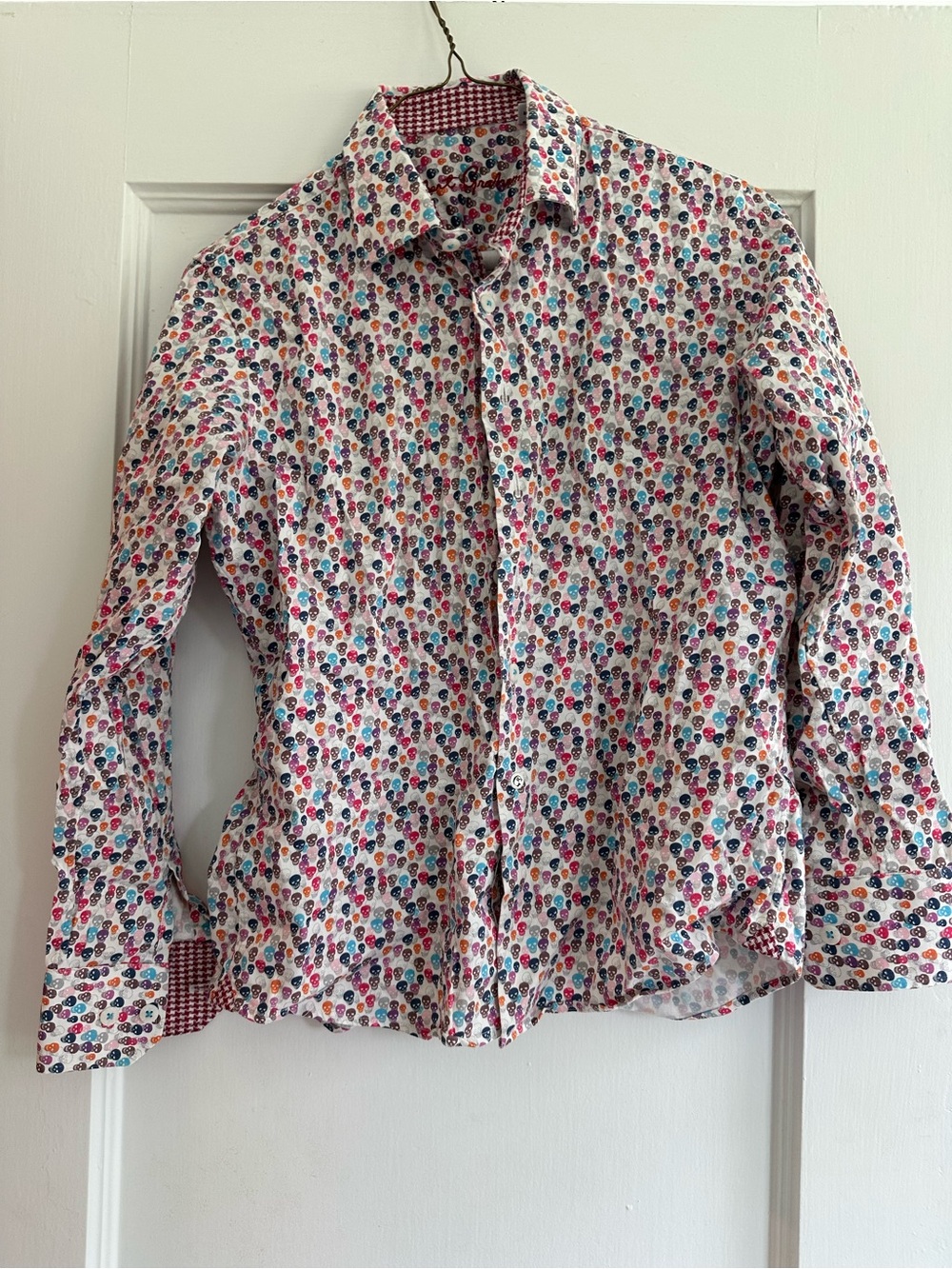 Robert Graham Multicolor Skull Print Top with Berry Houndstooth Trim